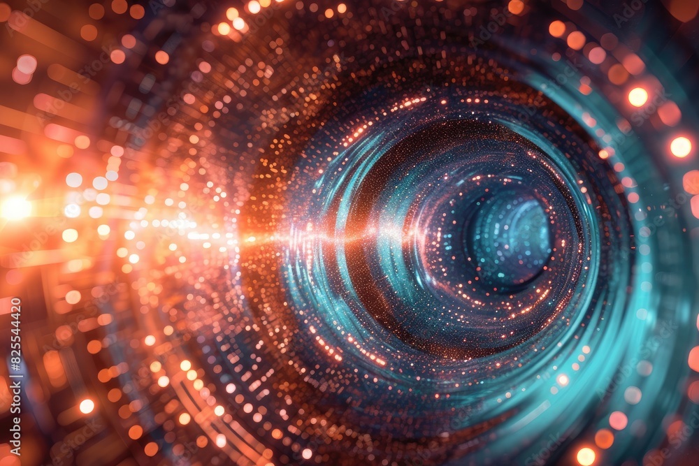 Poster a swirling vortex of data defying order, a time travelling with data technology tunnel background
