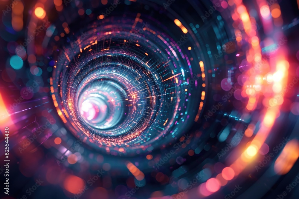 Poster a swirling vortex of data defying order, a time travelling with data technology tunnel background