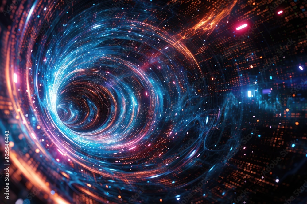 Leinwandbilder A swirling vortex of data defying order, A time travelling with data technology tunnel background