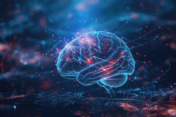 Abstract representations of the human brain, Glowing Ai human brain with network background