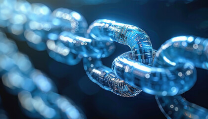 The image showcases a detailed macro shot of a chain set against a backdrop of vibrant blue color