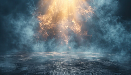 A smokey room with a light shining from the ceiling, creating an artistic and natural atmosphere