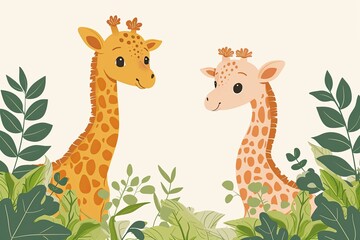 Fototapeta premium A heartwarming image of baby giraffes reaching for leaves, portrayed in an endearing and gentle vector illustration