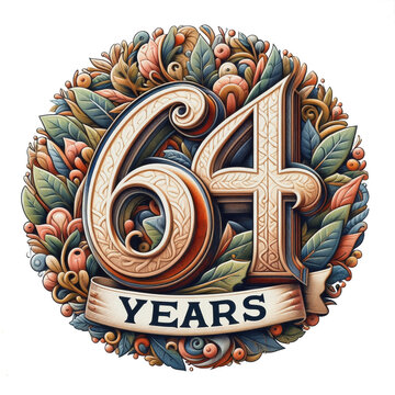 Classic 64 (sixty-four) Years Commemoration Emblem with Symmetrical Floral Surround and Ribbon Isolated (cut) background