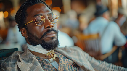 Obraz premium A man with glasses and a beard sits in a chair, looking off to the side