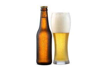 unlabeled beer bottle and beer glass, weizen glass.
