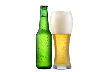 unlabeled beer bottle and beer glass, weizen glass.
