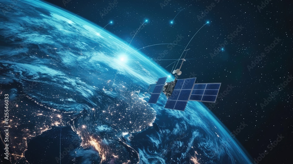 Poster a satellite on orbit of earth with wave of internet, satellite internet constellation for global con