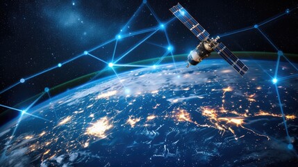 A satellite on orbit of earth with wave of internet, satellite internet constellation for global connectivity