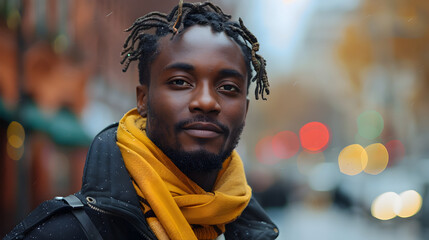 A young man wearing a yellow scarf stands in a city setting