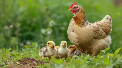 Fototapeta premium Chicks cheeping around their clucking mother hen
