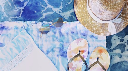 Watercolor illustration of summer beach essentials with straw hat, sunglasses, and flip flops. Concept of vacation, beach accessories, travel, relaxation