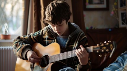 Fototapeta premium A teen with autism sits with their music the quietly strumming a guitar while listening to a vinyl record that helps calm their sensory overload.