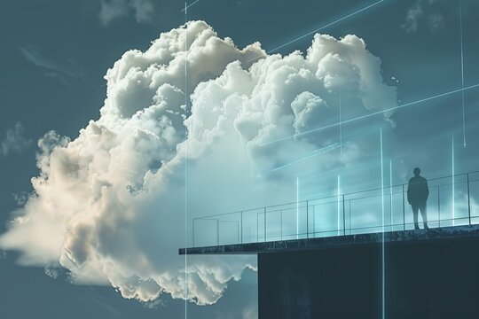 A person stands on a sleek overhang, gazing at dramatic clouds in a blue sky - Powered by Adobe