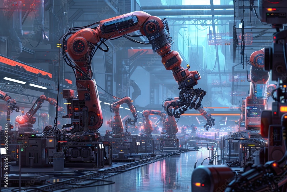Poster futuristic factory with ai robots