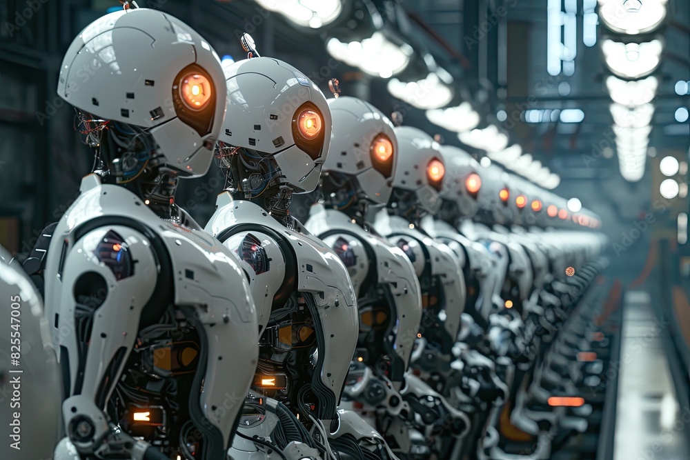 Poster futuristic factory with ai robots
