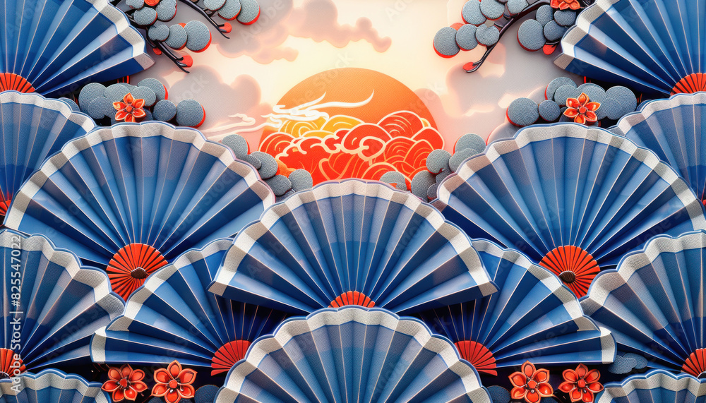 Poster the scene has a pattern of blue and red fans with the sunset, creating a stunning display of colors