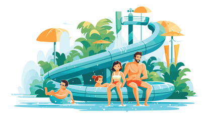 Family playing in amusement water park flat vector