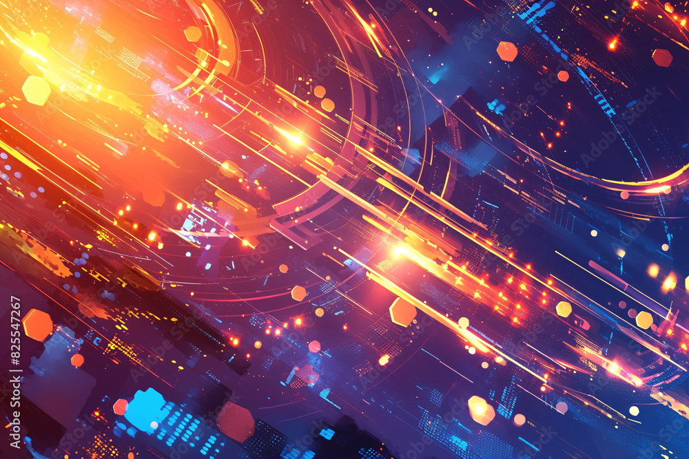 Poster bright orange and blue light trails creating dynamic patterns with a futuristic and energetic feel