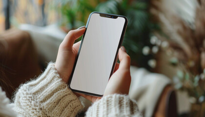 In the image, a person is seen holding a cell phone with a white screen in their hands