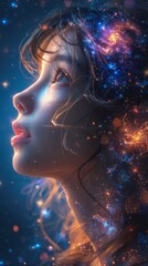 Obraz premium Mysterious Path to Enlightenment. A woman standing on a hill looking at the stars.