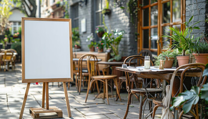 Obraz premium A white board outside the restaurant offers a cozy outdoor dining area with tables and chairs