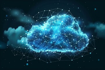 Abstract image of a cloud with a digital network overlay against a starry sky background