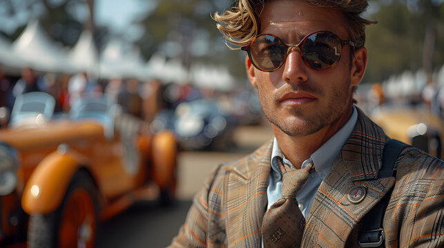 Fototapeta an in Sunglasses Standing Next to Vintage Car at Event