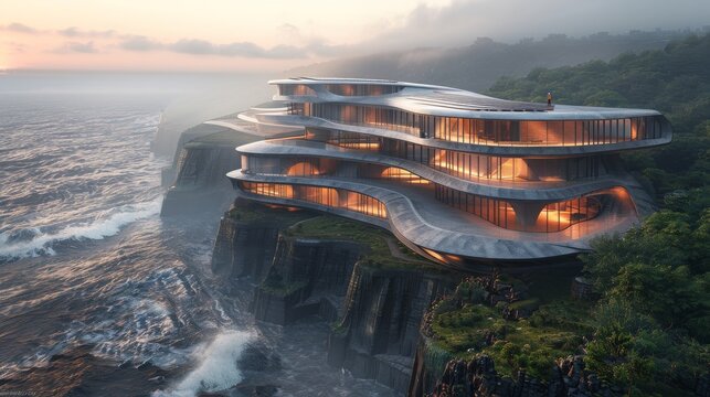 Stunning Modern Cliffside Mansion Overlooking Ocean With Breathtaking Sunset and Foggy Atmosphere in Luxurious Architectural Design