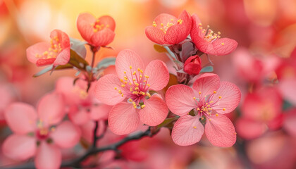 Obraz premium A close up of pink flowers on a tree branch with peach petals, showcasing their beauty