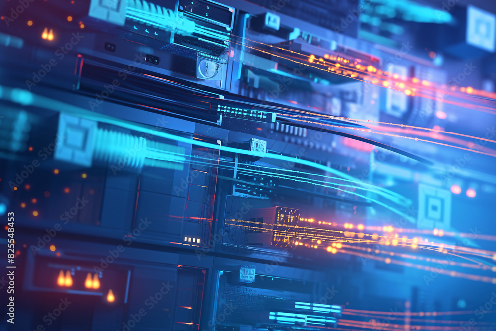 Aufkleber digital network with blue and orange light trails symbolizing fast data transfer across circuits