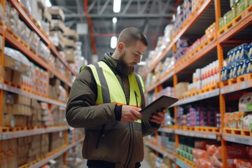 Smart warehouse worker hands looking tablet and scanning product while checking product at warehouse. Man with safety vest working on tablet while walking at storage with blurring background. AIG42.