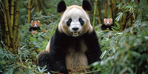 Giant Panda in Bamboo Forest with Red Pandas in Background - Serene Wildlife Habitat Captured in...