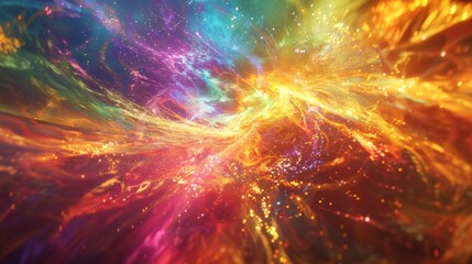 The quarks are engulfed in a prism of rainbow colors revealing the multilayered nature of the strong force.