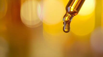 Drop of aromatherapy essential oil falling from a pipette or dropper, closeup with copy space