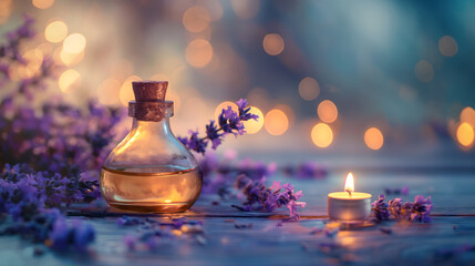 A bottle of aromatherapy essential oil with lavender flowers and a candle