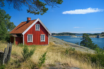 Red wooden house or cottage on Swedish coast in summer