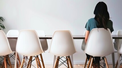 Caucasian woman with brunette hair sitting alone in a modern office conference room. Concept of business, solitude, contemplation, workplace