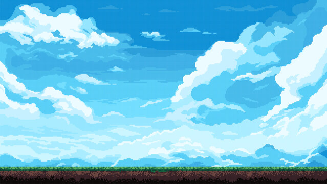 Pixel art sky background, clouds, blue sky, 8 bit game level, vector