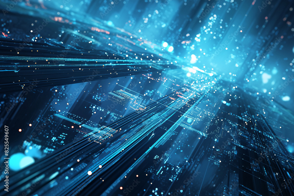 Poster digital cityscape with glowing blue lights and data streams creating a high-tech, cyber environment
