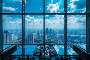 Bangkok city view point from Lounge interior. overlooking a magnificent cityscape blue sky and city in Thailand.