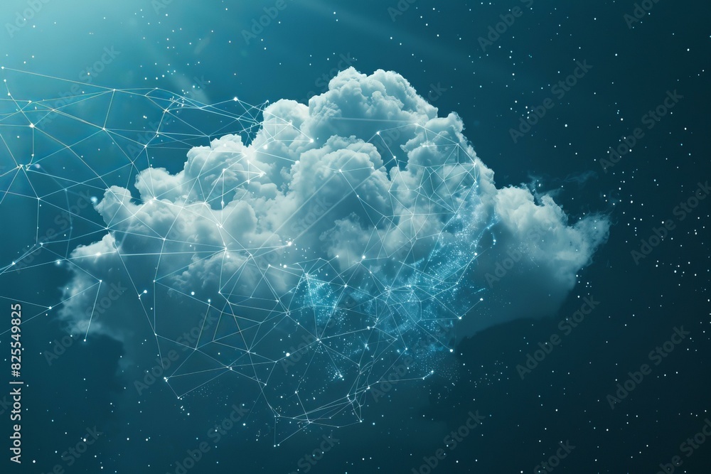 Poster abstract image of a cloud with digital network connections on a starry background, symbolizing cloud