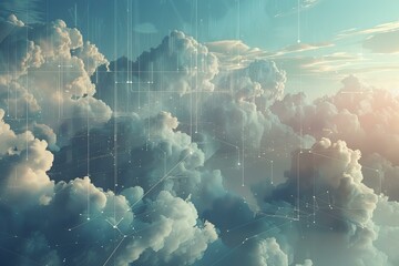 Abstract concept of a digital network overlaying a serene cloudscape during a golden sunset