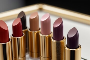 Obraz premium Lipstick Collection. This image showcases a multi-colored collection of lipsticks, each encased in a luxurious gold case. Displayed on a stand in a cosmetics store.
