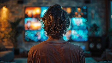 Fototapeta premium A Person Looking at a Wall Filled with Colorful Screens in a Dark Room