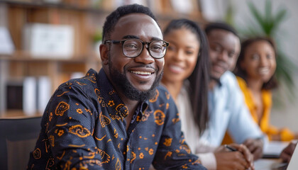Fototapeta premium A group of joyful individuals around a table, smiling, sharing, with a laptop in the middle