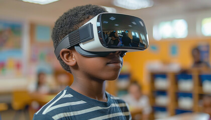 In a classroom setting, a young boy looks happy while using a virtual reality headset