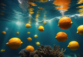 halves of bright colored oranges and lemons in water, bubbles under water on a black background, banner for advertising, food and drink,	
