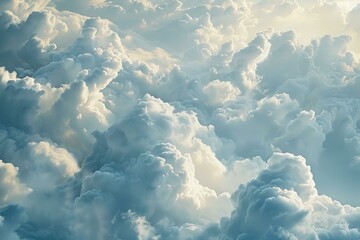 Tranquil and peaceful aerial view of a majestic cloudscape at dusk with billowing cumulus clouds and warm golden sunlight, creating an ethereal and dreamy atmosphere in the high altitude sky - Powered by Adobe