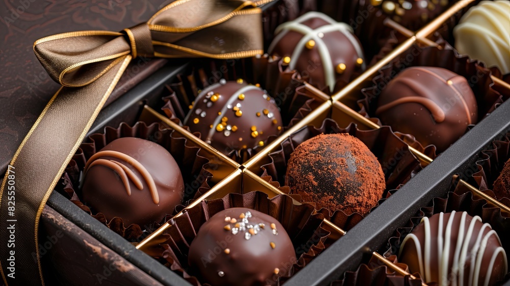 Aufkleber a high-detail elegant box filled with assorted chocolate truffles, adorned with a beautiful ribbon b